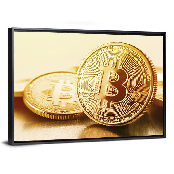 Golden Bitcoins Canvas Wall Art-3 Horizontal-Gallery Wrap-25" x 16"-Tiaracle