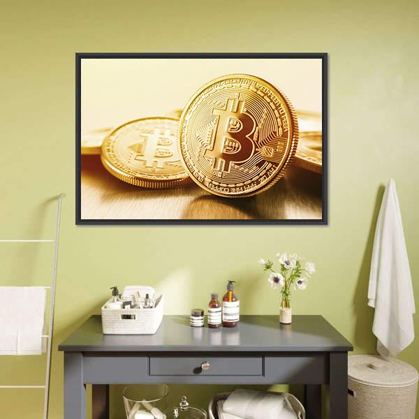 Golden Bitcoins Canvas Wall Art-3 Horizontal-Gallery Wrap-25" x 16"-Tiaracle