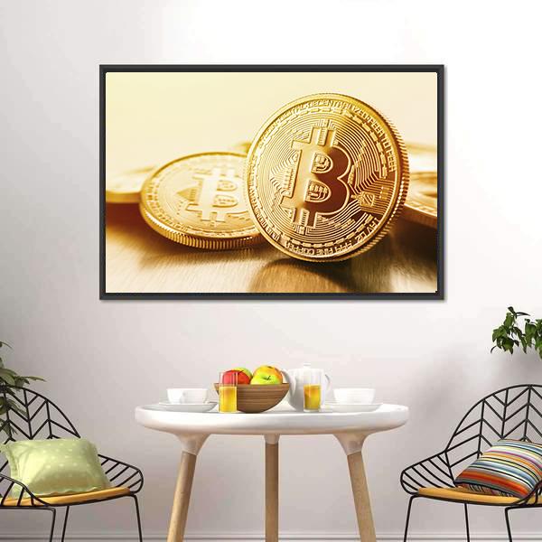 Golden Bitcoins Canvas Wall Art-1 Piece-Floating Frame-24" x 16"-Tiaracle