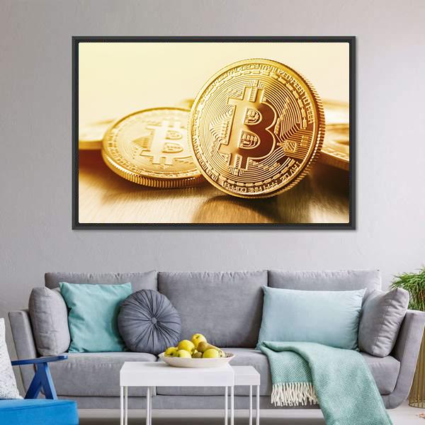 Golden Bitcoins Canvas Wall Art-3 Horizontal-Gallery Wrap-25" x 16"-Tiaracle