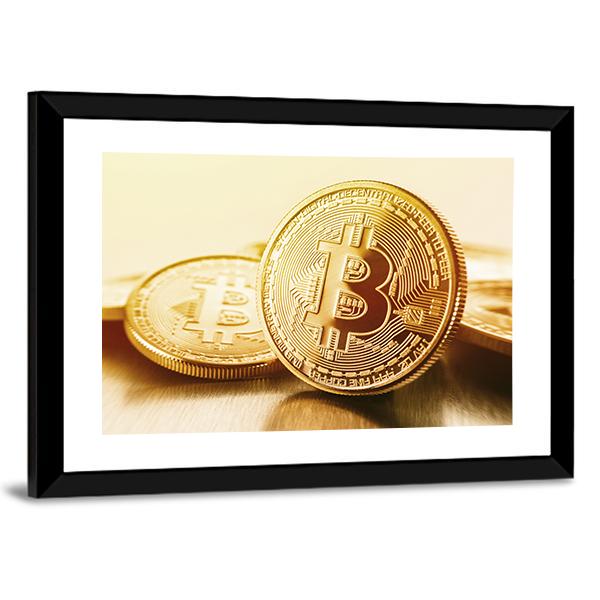 Golden Bitcoins Canvas Wall Art-3 Horizontal-Gallery Wrap-25" x 16"-Tiaracle