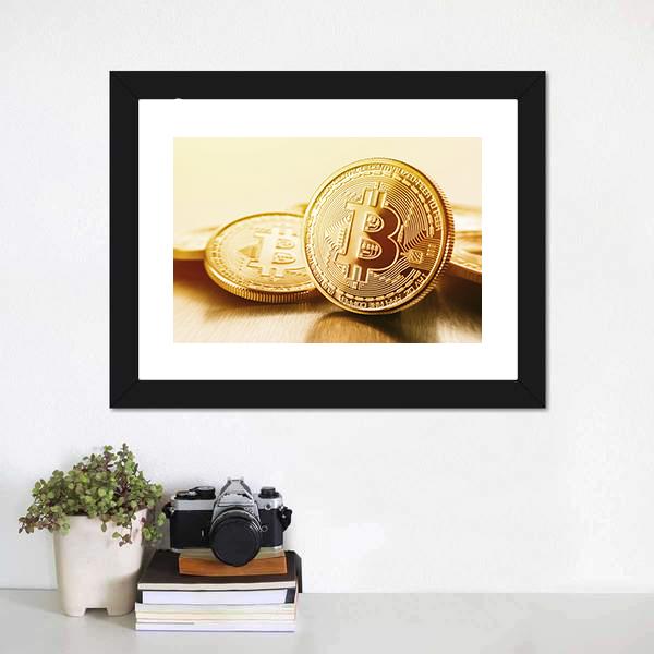Golden Bitcoins Canvas Wall Art-3 Horizontal-Gallery Wrap-25" x 16"-Tiaracle