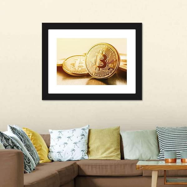 Golden Bitcoins Canvas Wall Art-1 Piece-Framed Print-20" x 16"-Tiaracle
