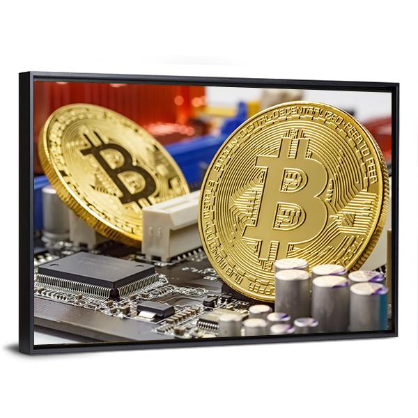 Golden Bitcoins On Motherboard Canvas Wall Art-3 Horizontal-Gallery Wrap-25" x 16"-Tiaracle