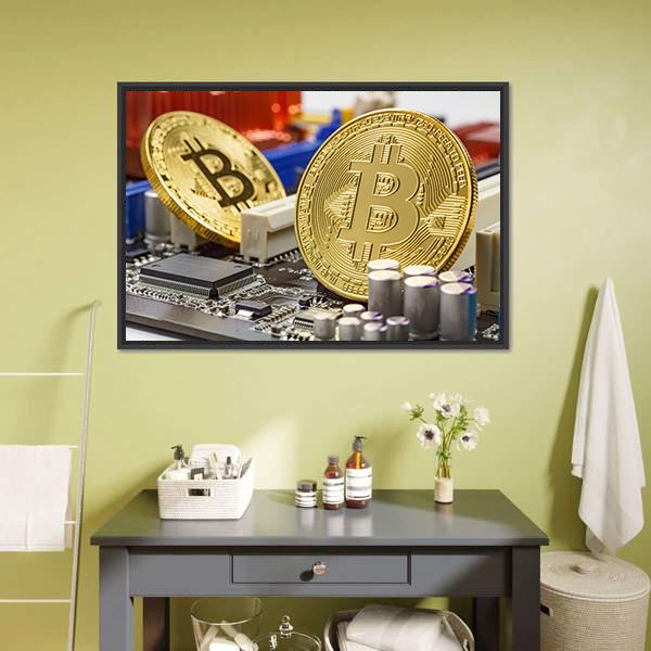 Golden Bitcoins On Motherboard Canvas Wall Art-1 Piece-Floating Frame-24" x 16"-Tiaracle