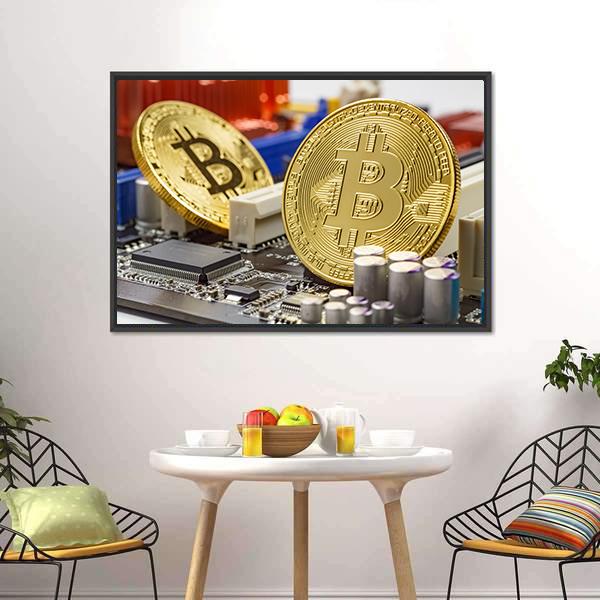Golden Bitcoins On Motherboard Canvas Wall Art-3 Horizontal-Gallery Wrap-25" x 16"-Tiaracle