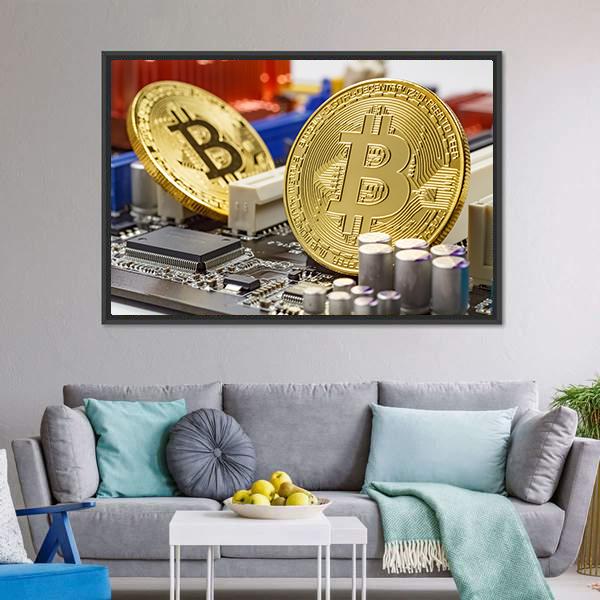 Golden Bitcoins On Motherboard Canvas Wall Art-3 Horizontal-Gallery Wrap-25" x 16"-Tiaracle