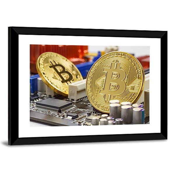 Golden Bitcoins On Motherboard Canvas Wall Art-3 Horizontal-Gallery Wrap-25" x 16"-Tiaracle
