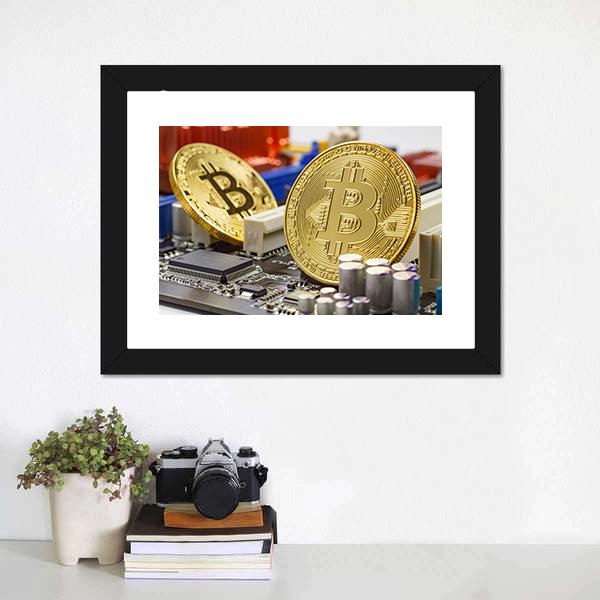 Golden Bitcoins On Motherboard Canvas Wall Art-1 Piece-Framed Print-20" x 16"-Tiaracle