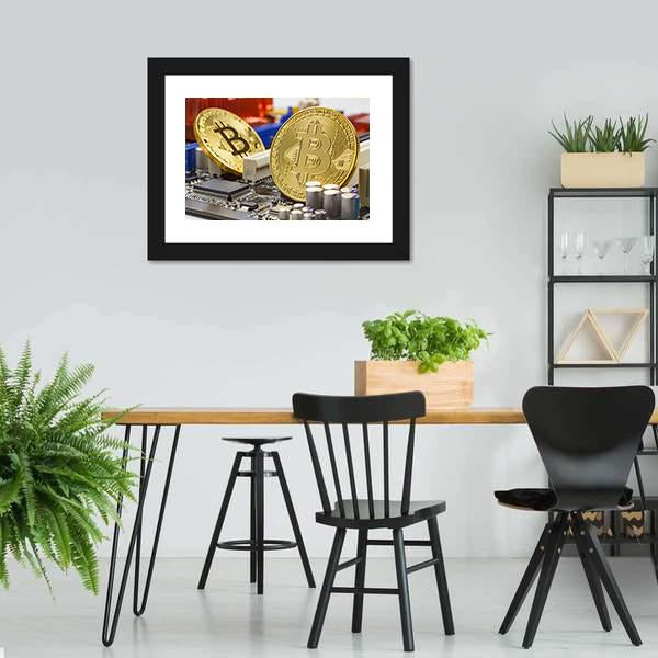 Golden Bitcoins On Motherboard Canvas Wall Art-3 Horizontal-Gallery Wrap-25" x 16"-Tiaracle