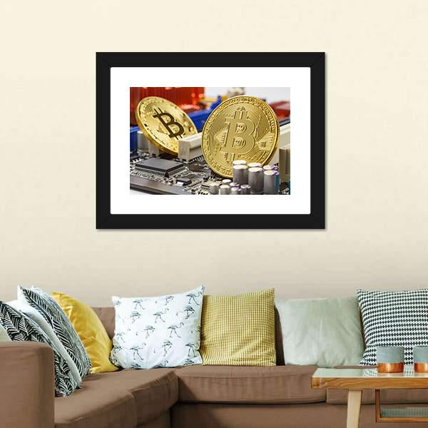 Golden Bitcoins On Motherboard Canvas Wall Art-3 Horizontal-Gallery Wrap-25" x 16"-Tiaracle