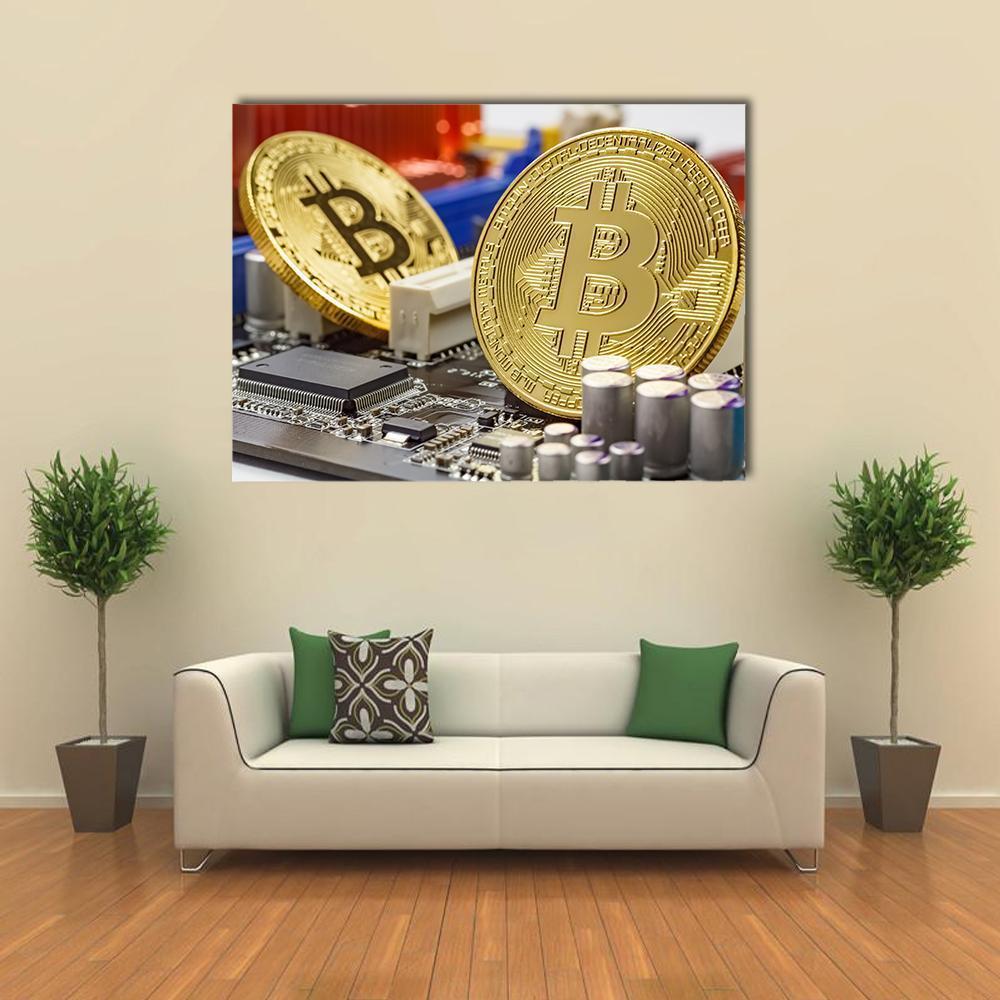 Golden Bitcoins on Motherboard Canvas Wall Art in black and gold, single panel hung on a wall