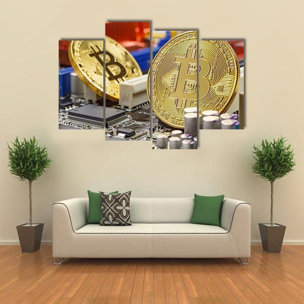 Golden Bitcoins On Motherboard Canvas Wall Art-4 Pop-Gallery Wrap-50" x 32"-Tiaracle