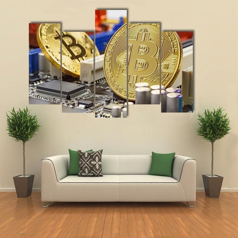 Golden Bitcoins On Motherboard Canvas Wall Art-5 Pop-Gallery Wrap-47" x 32"-Tiaracle
