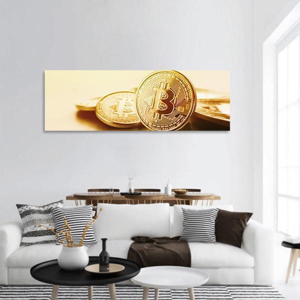 Golden Bitcoins Panoramic Canvas Wall Art-1 Piece-36" x 12"-Tiaracle