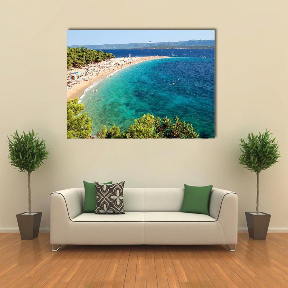 Golden Cape Beach in Croatia Canvas Wall Art in beige, green and blue, single panel hung on a wall