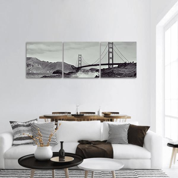 Golden Gate Bridge from Beach Panoramic Canvas Wall Art in black, white and gray, hung on a wall