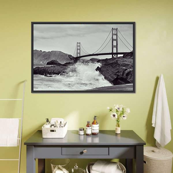 Golden Gate Bridge from the Beach Canvas Wall Art in black, white and gray, framed canvas, product view on a white background