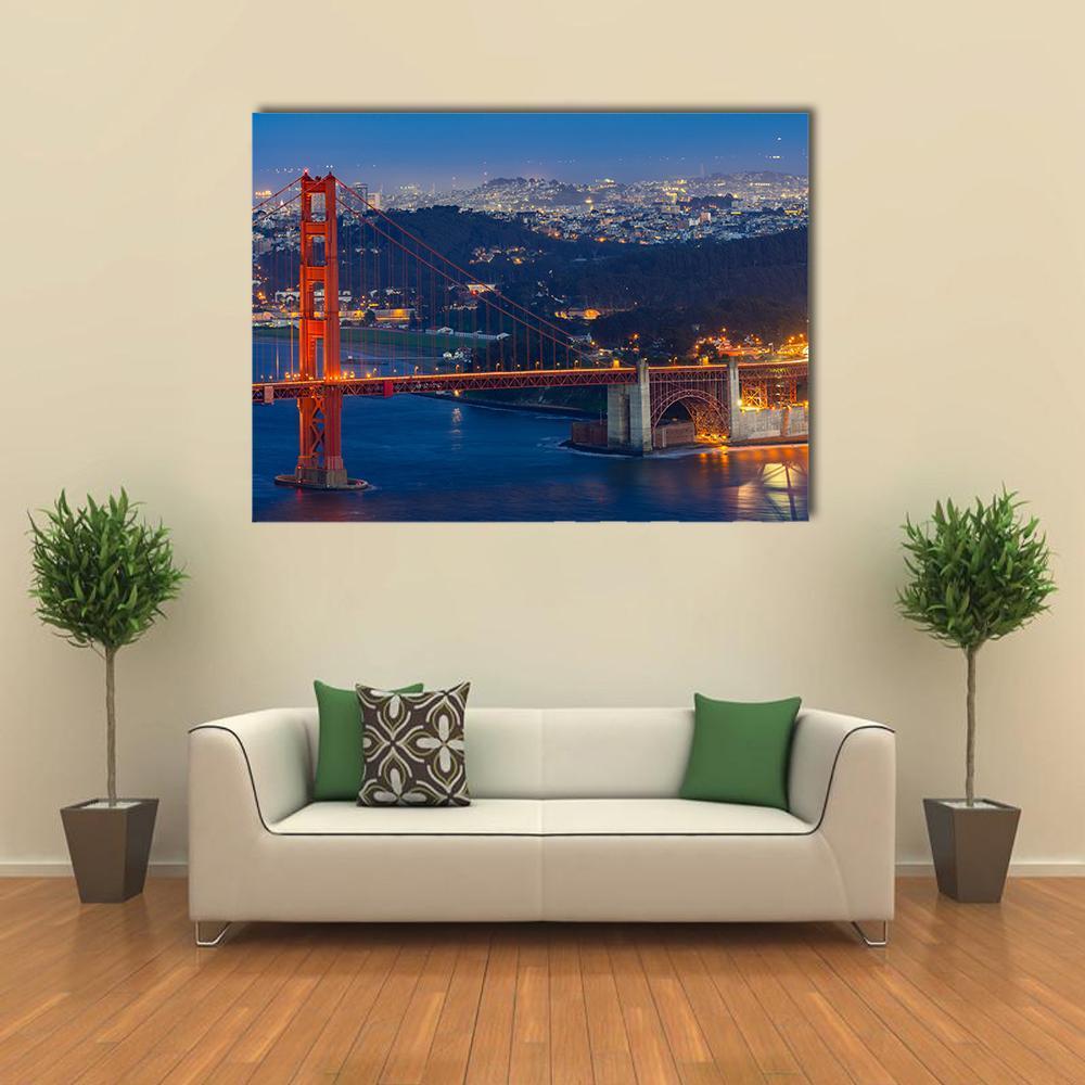 Golden Gate Bridge Night Skyline San Francisco Canvas Wall Art in black, orange and blue, single panel hung on a wall