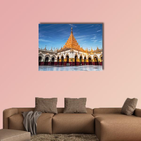 Mahamuni Buddha Temple Courtyard Canvas Wall Art in white, gold and blue, single panel hung on a wall