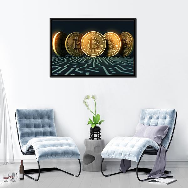 Golden Physical BTC Coins Canvas Wall Art-5 Horizontal-Gallery Wrap-22" x 12"-Tiaracle
