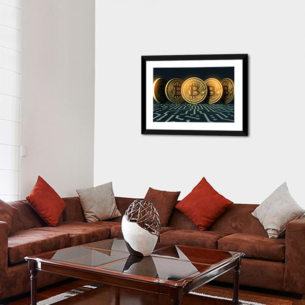 Golden Physical BTC Coins Canvas Wall Art-5 Horizontal-Gallery Wrap-22" x 12"-Tiaracle