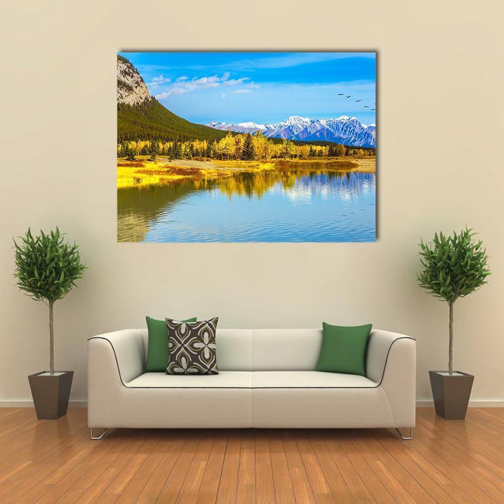 Golden Trees Near Lake Canvas Wall Art-4 Horizontal-Gallery Wrap-34" x 24"-Tiaracle