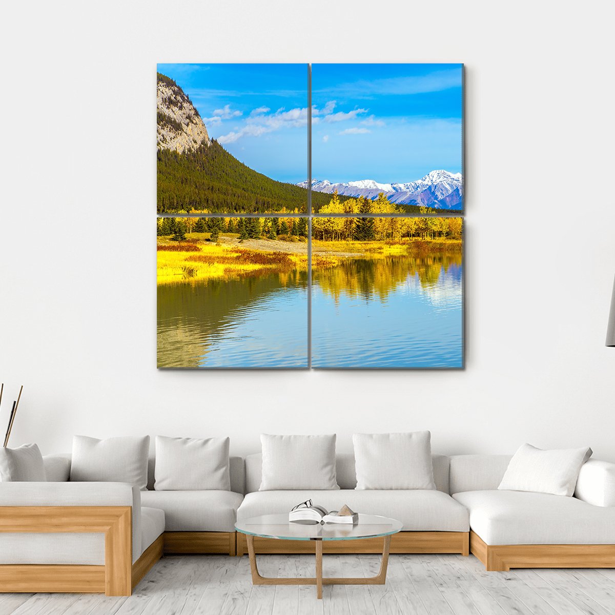 Golden Trees Near Lake Canvas Wall Art-4 Square-Gallery Wrap-17" x 17"-Tiaracle