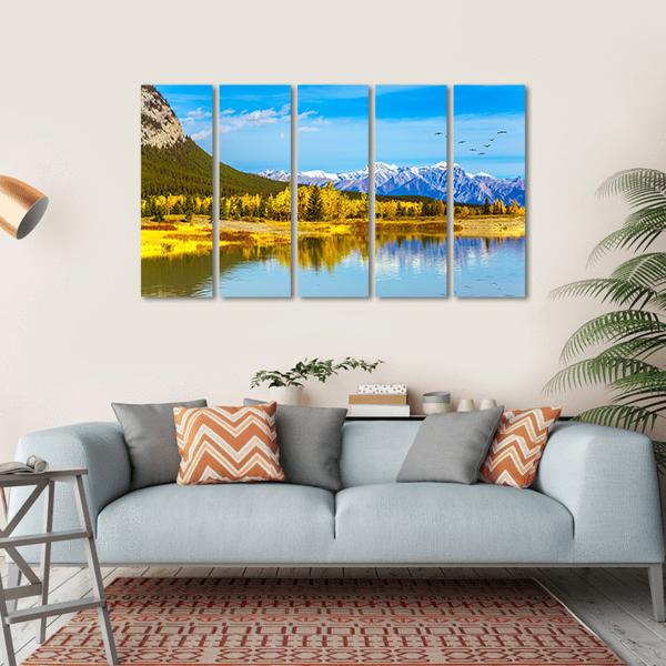 Golden Trees Near Lake Canvas Wall Art-5 Horizontal-Gallery Wrap-22" x 12"-Tiaracle