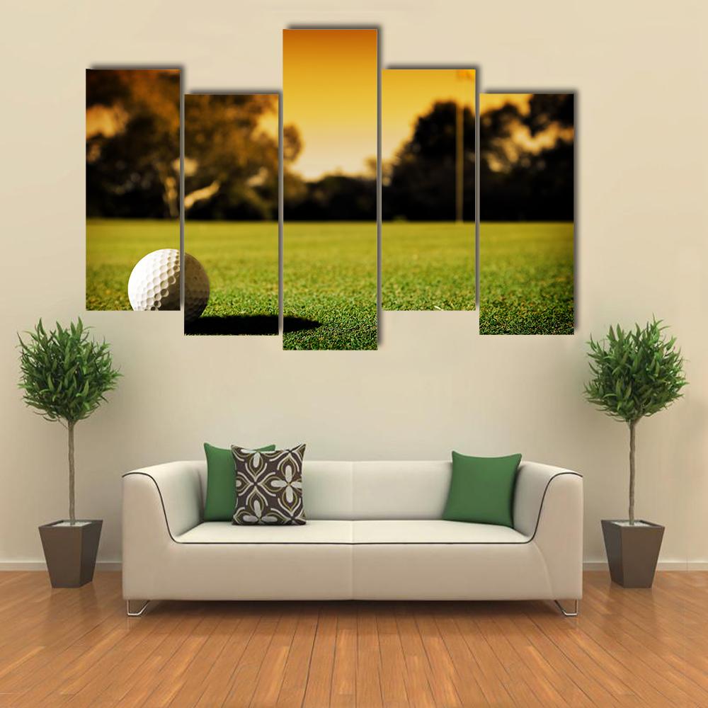 Golf Ball At Evening Sunset Canvas Wall Art-5 Pop-Gallery Wrap-32&quot; x 21&quot;-Tiaracle