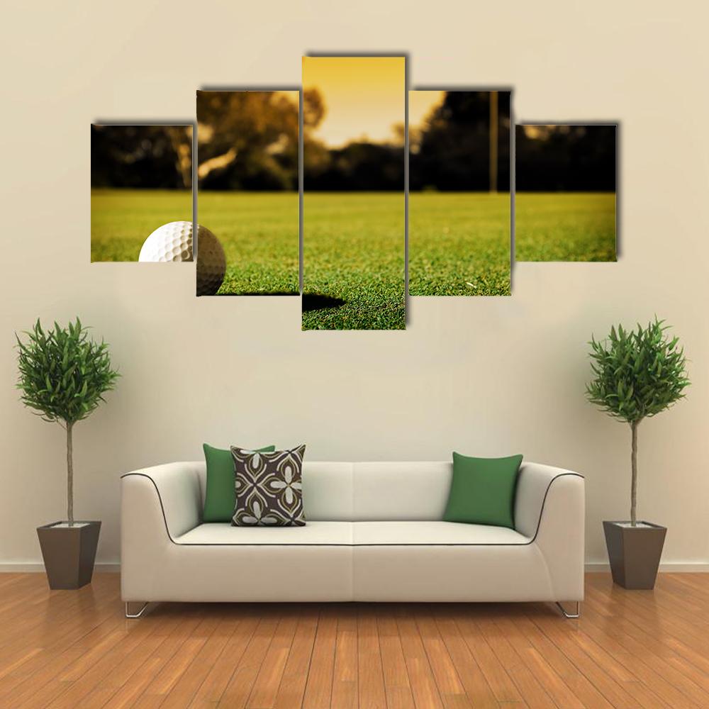 Golf Ball At Evening Sunset Canvas Wall Art-5 Star-Gallery Wrap-42&quot; x 21&quot;-Tiaracle