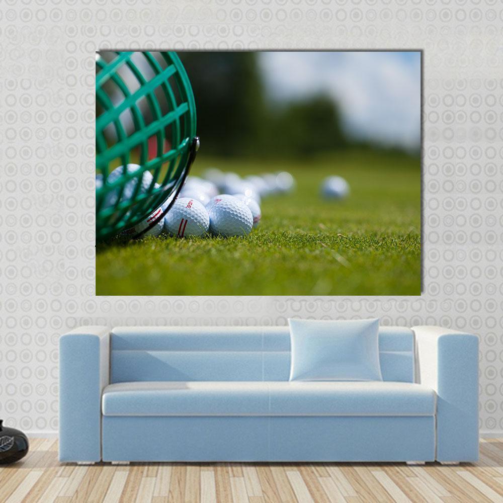 Golf Ball Basket Canvas Wall Art in white and green, single panel hung on a wall