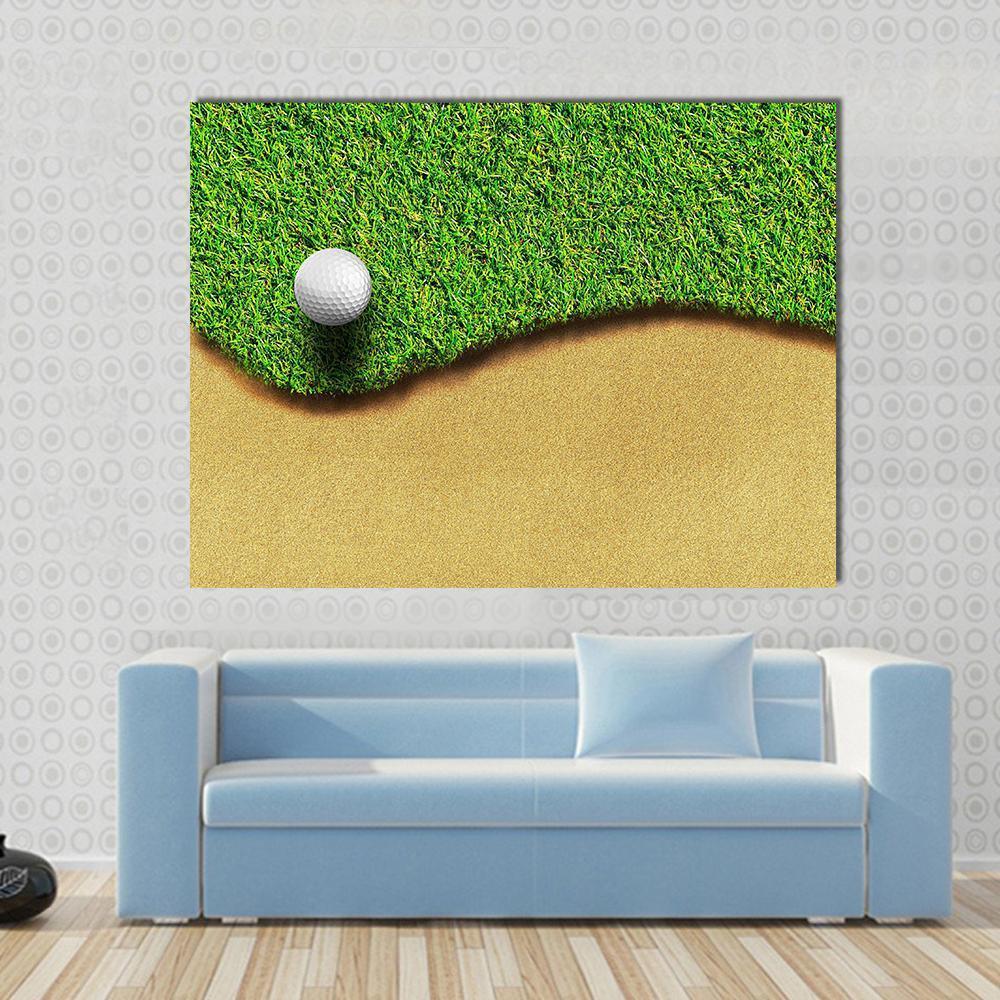 Golf Ball in Golf Course Canvas Wall Art in white, yellow and green, single panel hung on a wall