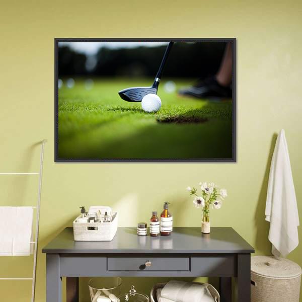 Golf Ball On Green Meadow Canvas Wall Art-1 Piece-Floating Frame-24&quot; x 16&quot;-Tiaracle