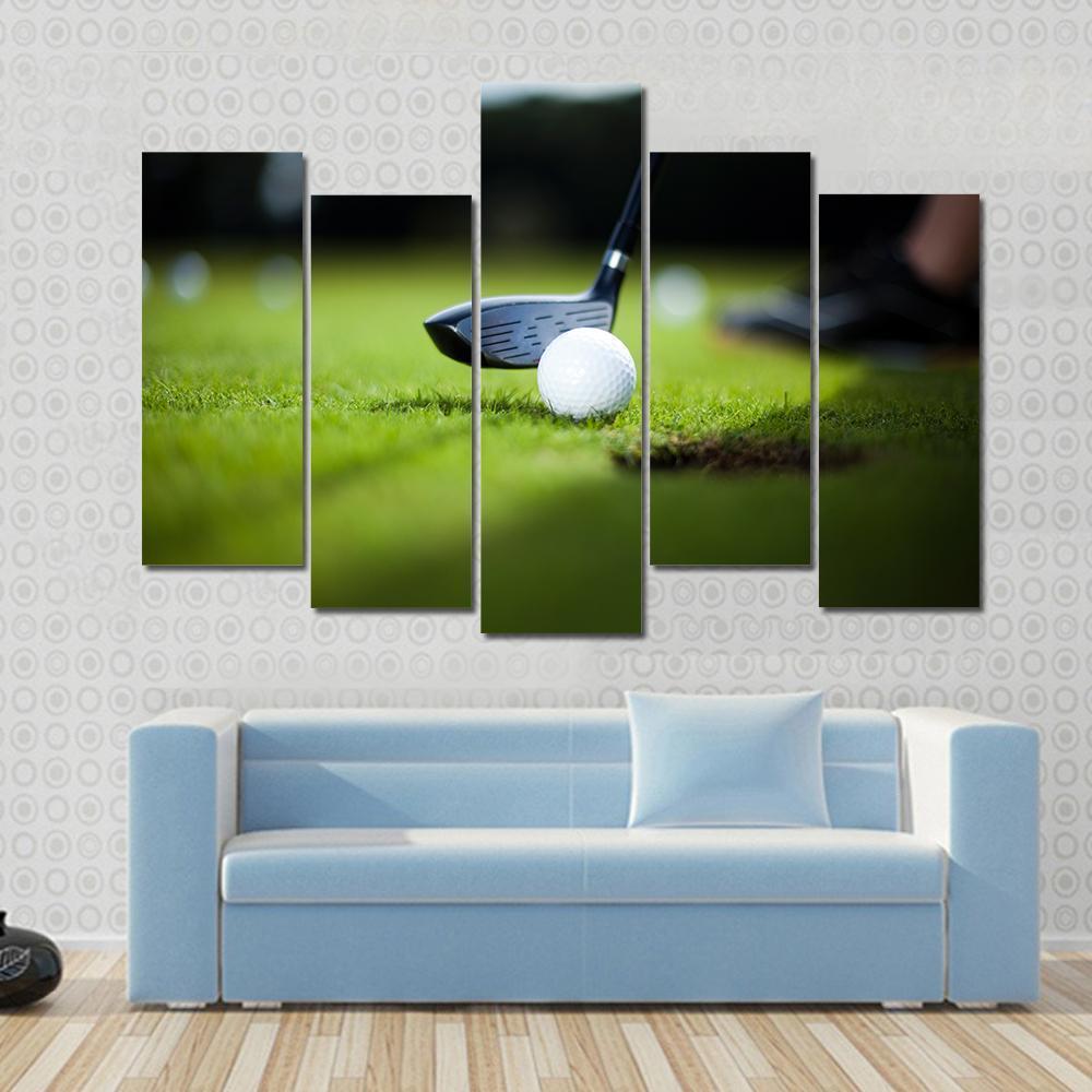 Golf Ball On Green Meadow Canvas Wall Art-5 Pop-Gallery Wrap-47&quot; x 32&quot;-Tiaracle