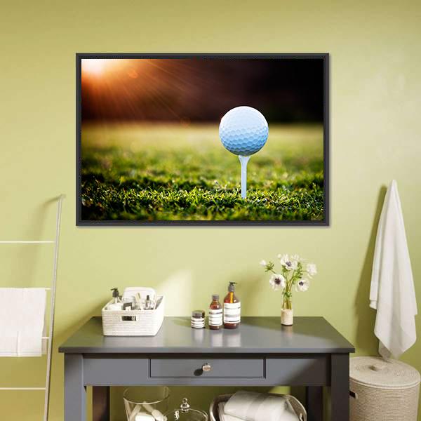 Golf Ball on Tee Canvas Wall Art in white, brown and green, framed canvas, product view on a white background