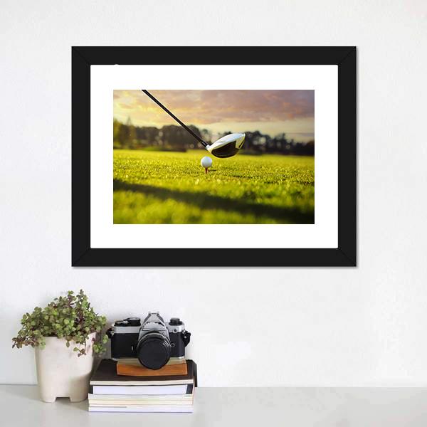 Golf Ball On Tee In Front Of Driver Canvas Wall Art-1 Piece-Framed Print-20&quot; x 16&quot;-Tiaracle
