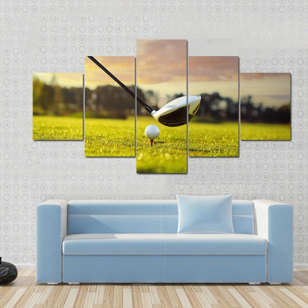 Golf Ball On Tee In Front Of Driver Canvas Wall Art-5 Star-Gallery Wrap-62&quot; x 32&quot;-Tiaracle