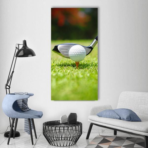 Golf Ball and Club Close-up Vertical Canvas Wall Art in black, white and green, single vertical panel hung on a wall