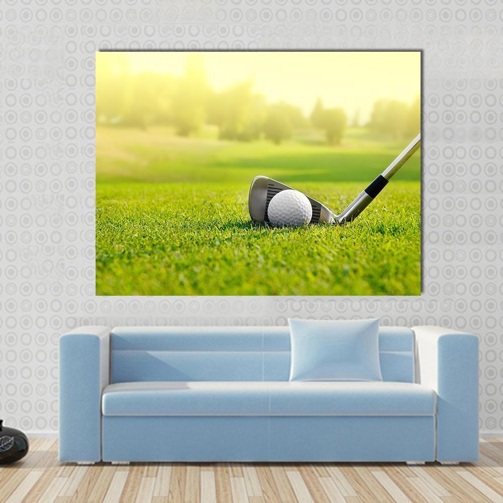 Golf Ball with Stick Canvas Wall Art in white, yellow and green, single panel hung on a wall