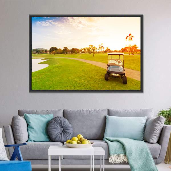 Golf Car With Sunset Canvas Wall Art-5 Horizontal-Gallery Wrap-22&quot; x 12&quot;-Tiaracle
