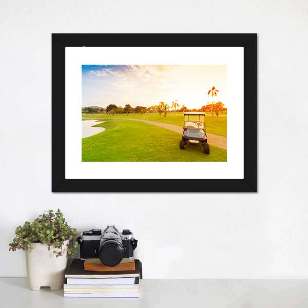 Golf Car With Sunset Canvas Wall Art-1 Piece-Framed Print-20" x 16"-Tiaracle