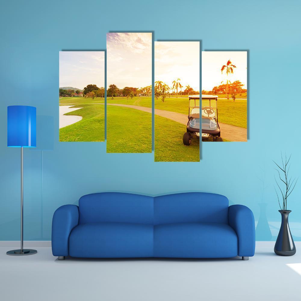 Golf Car With Sunset Canvas Wall Art-4 Pop-Gallery Wrap-50&quot; x 32&quot;-Tiaracle