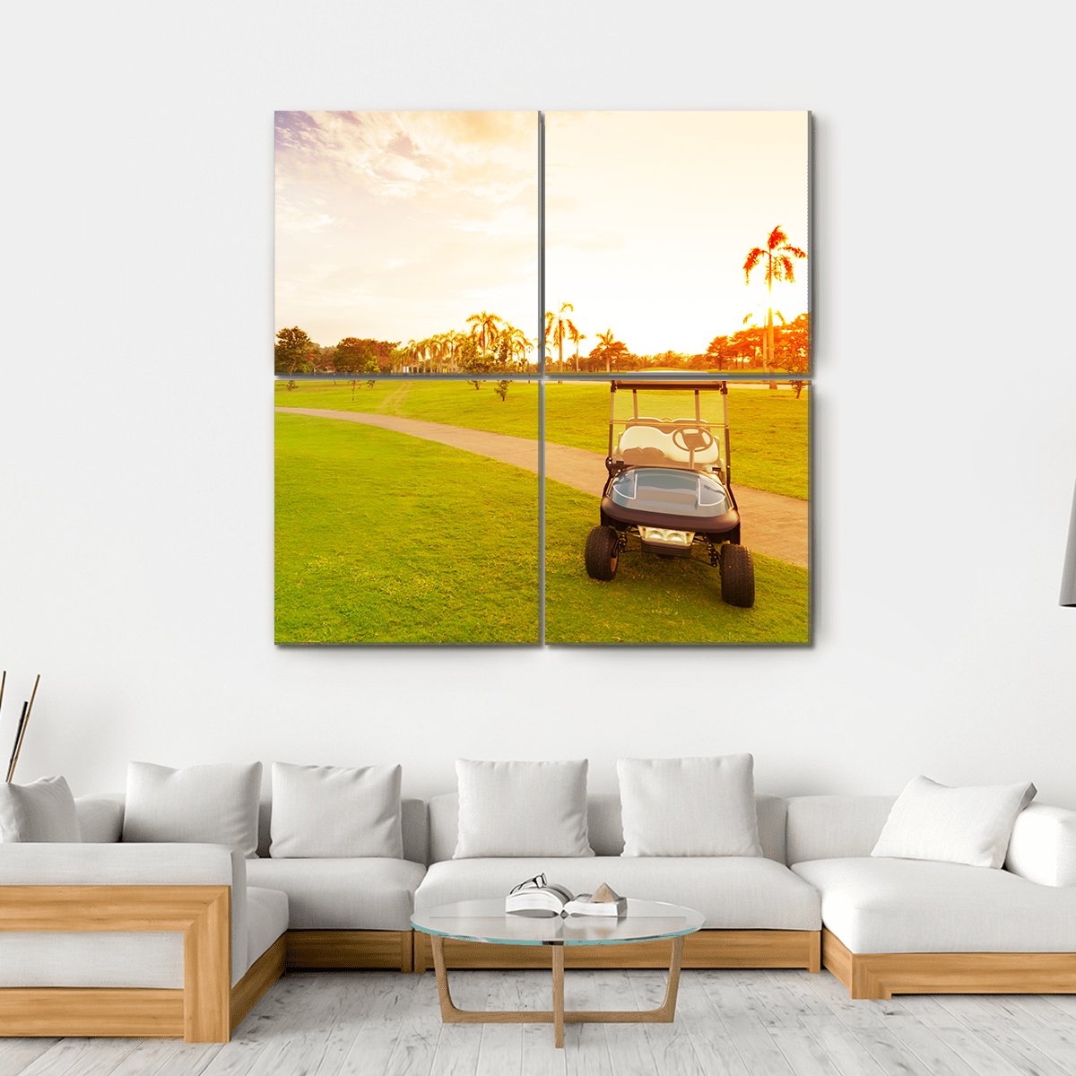 Golf Car With Sunset Canvas Wall Art-4 Square-Gallery Wrap-17&quot; x 17&quot;-Tiaracle