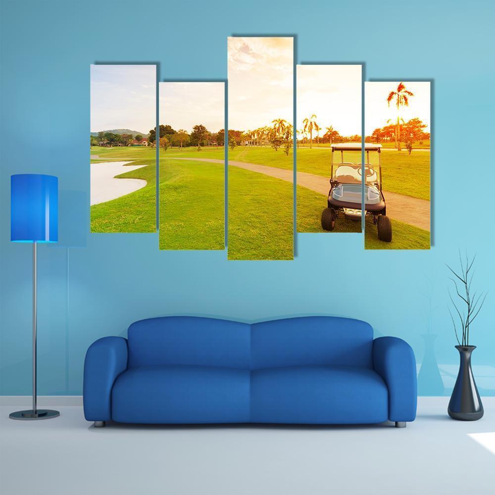 Golf Car With Sunset Canvas Wall Art-5 Pop-Gallery Wrap-47&quot; x 32&quot;-Tiaracle