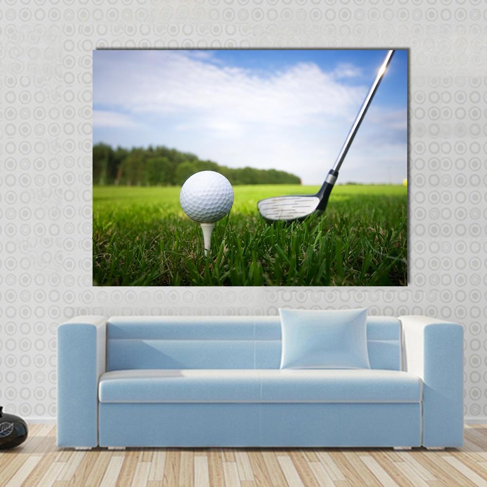 Golf Club and Ball Canvas Wall Art in white, green and blue, single panel hung on a wall