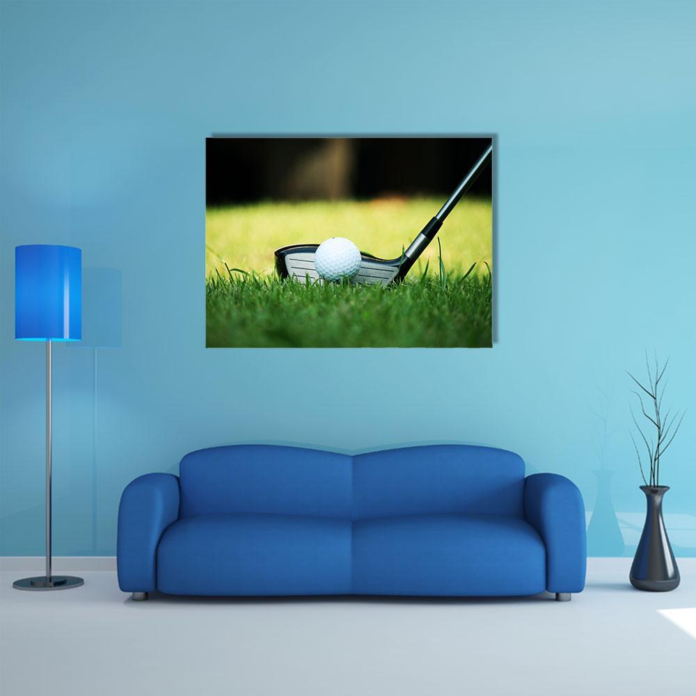 Golf Club and Ball Close-up with Dewdrops Canvas Wall Art in black, white and green, single panel hung on a wall