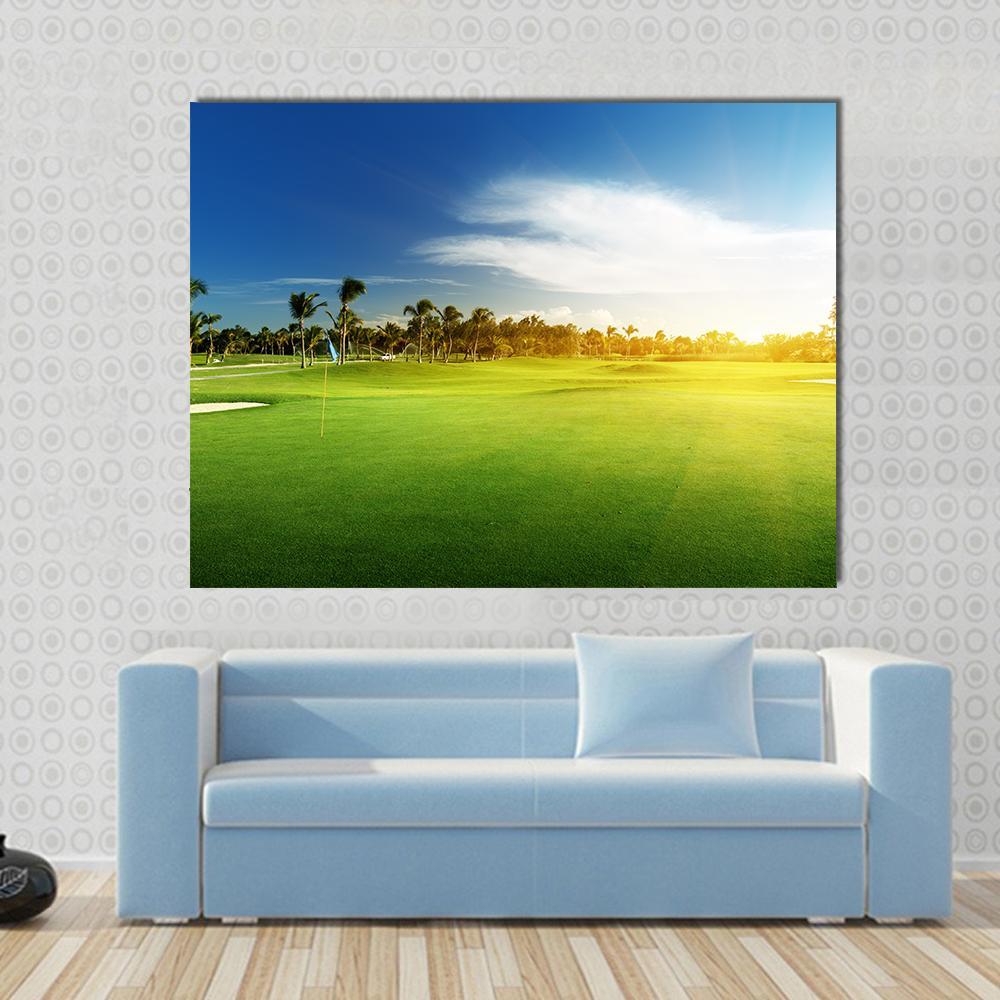 Golf Course in Dominican Republic Canvas Wall Art in yellow, green and blue, single panel hung on a wall