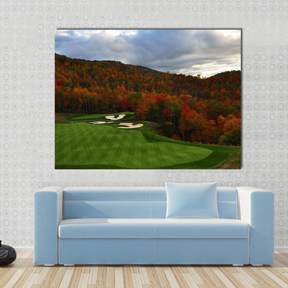 Golf Course in Mountains Canvas Wall Art in brown, orange and green, single panel hung on a wall