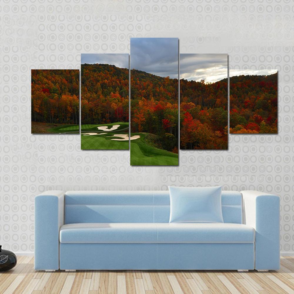 Golf Course In Mountains Canvas Wall Art-5 Star-Gallery Wrap-62" x 32"-Tiaracle